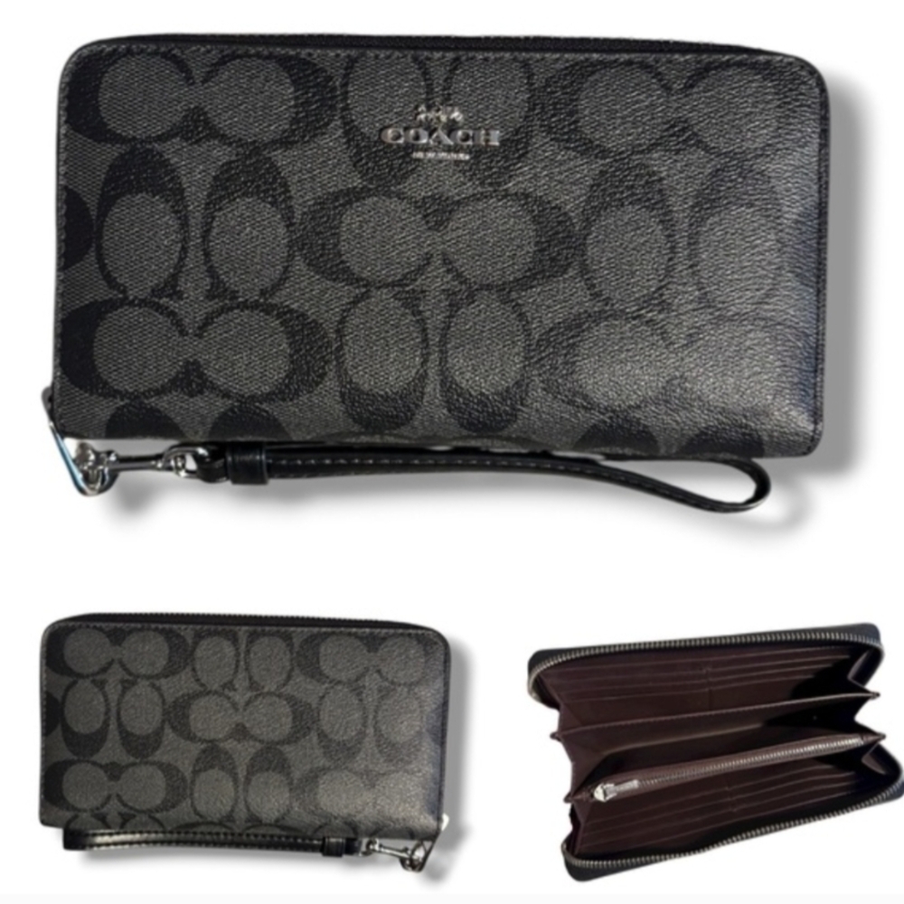 Coach Logo Zip-Around Clutch Wallet Colors Black Grey  C Signature Logo